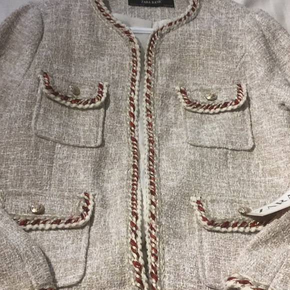 Zara texture jacket/blazer beige cream  with contrast piping pockets & buttons - Picture 9 of 11